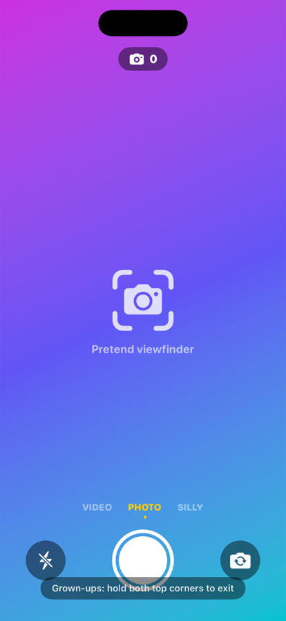 Camera play mode: real viewfinder with shutter and flip buttons, nothing saved