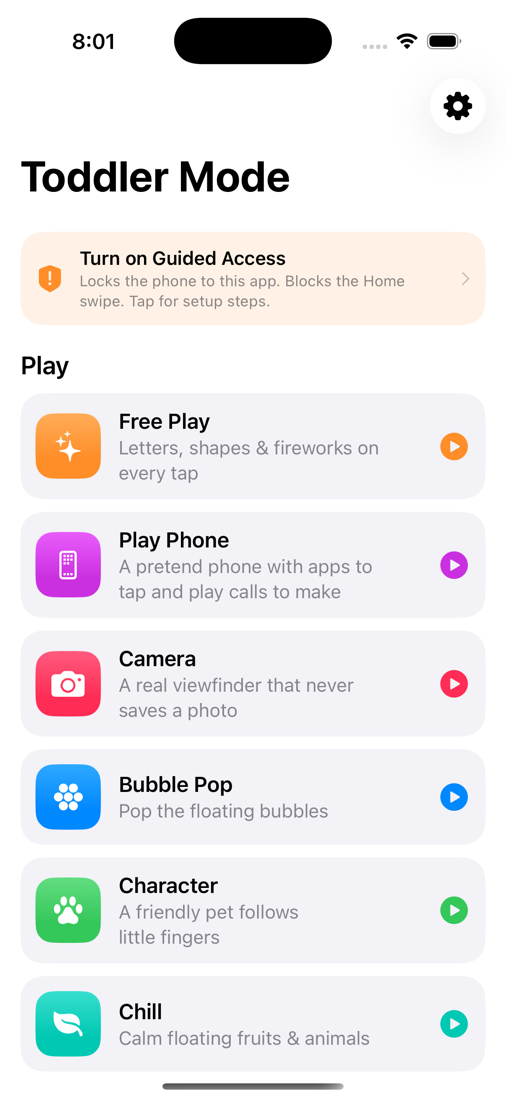 Toddler Mode iPhone home screen listing play modes and photo modes
