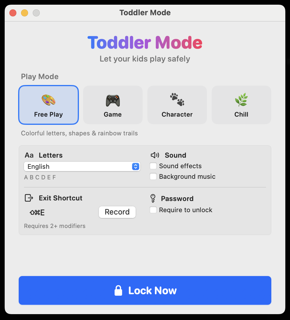 Toddler Mode for Mac settings window with play mode picker and Lock Now button